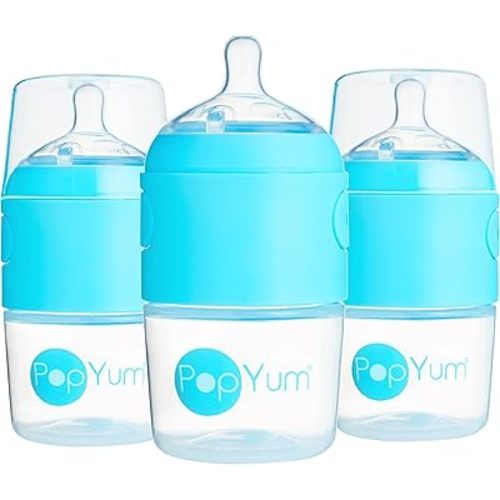 PopYum 5 oz Blue Anti-Colic Formula Making/Mixing/Dispenser Baby Bottles, 3-Pack with #1 Slow Flow Nipples, 150 ml, BPA-Free, Natural Latch