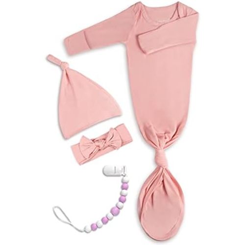 Newborn Baby Knotted Gown, Super Soft Silky Infant Long Sleeve Sleeper with Mittens and Hat & Bowknot Set (Extra Long)