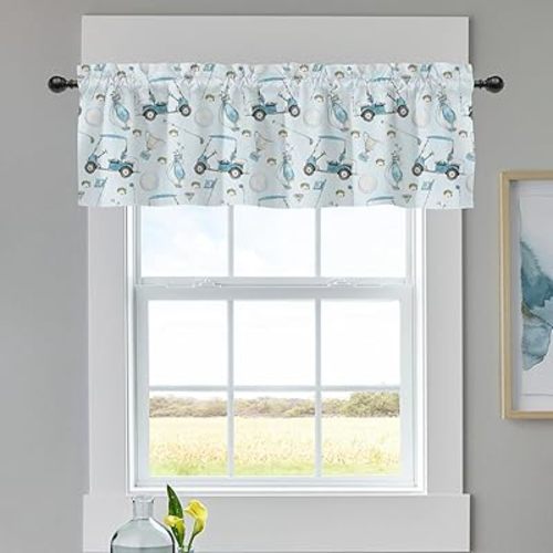 Nursery Baby Boys Room Window Valance Curtains Golf Gear Sport, Blue Ball Glove Car Stick Short Half Curtain Rod Pocket, Toddler Newborn Infant Shower Gift Kids Bedroom Decor 54" x 18"
