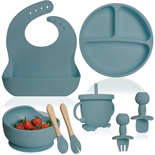 Bluet B- Silicone Baby Feeding Set - Baby Led Weaning Supplies - Baby Spoons, Suction Bowl - Plate - Baby Utensils Set - Silicone Feeding Set for Baby First Foods, Infant Eating - 8pcs - Blue