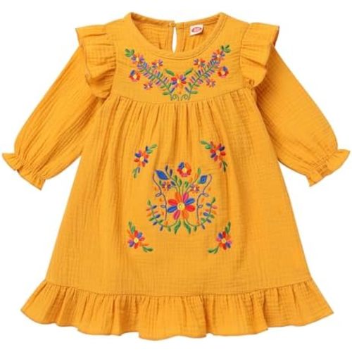 FYMNSI Baby Little Girl Mexican Ethnic Embroidery Floral Dress Casual Dresses Kids Long Sleeve Ruffle Beach Holiday Sundress