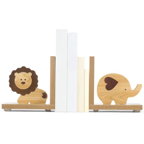 Harloon 2 Pcs Animal Bookends for Kids Wooden Decor Lion Elephant Animal Safari Bookends Decor for Girl Childrens Bedroom Home Nursery