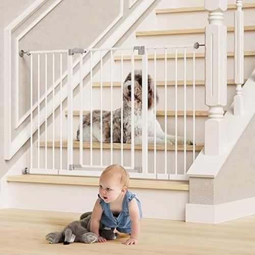 InnoTruth 28.9-49" Baby Gate for Stairs, 30" Tall Extra Wide Dog Gates for Doorways, One-Hand Opening, Easy Walk Thru Dual Lock Dog Gates for the House, Hallways, Bedrooms, Easy Install Kid Gate,White
