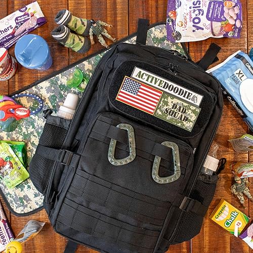 Dad Diaper Bag for Men with Removable Morale Patches, Waterproof Changing Pad, Insulated Pouches, Molle Webbing, YKK Zippers, Black