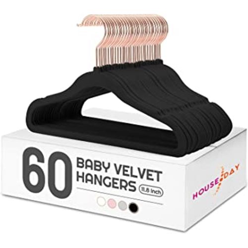 HOUSE DAY Velvet Baby Hangers for Closet, Kids Hangers Velvet 60 Pack, Non Slip Toddler Hangers 11.8 Inch, Cute Baby Clothes Hangers, Durable Childrens Hangers Newborn Hangers for Baby Clothes- Black