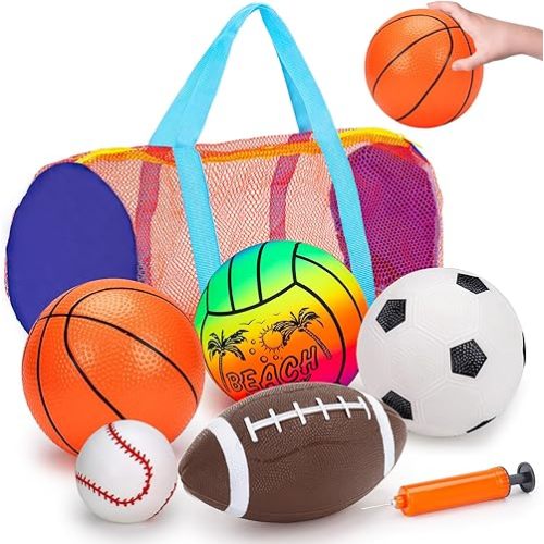 5 Pack Sports Balls Set for Kids with Bag Balls for Toddlers 1-3 Football Soccer Basketball Baseball Volleyball Outdoor Toys Sport Bouncy Playground Kickball Hand Pump Outside Toddler 1-3 2-4 3-5 Gift