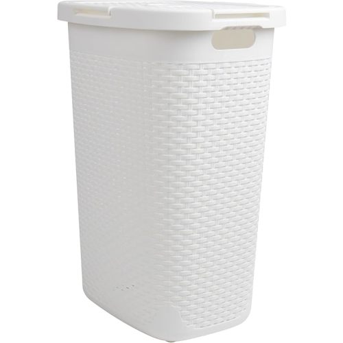 Mind Reader 60L Slim Laundry Hamper, Clothes Basket, Lid, Wicker Design, Plastic, 17.65"L x 13.75"W x 24.15"H, White