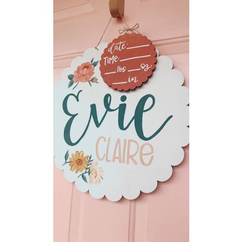 Boho Floral Hospital Door Hanger, Baby Girl Door Hanger, Scallop Edge Door Sign