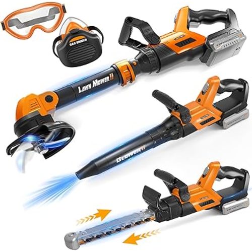 3-IN-1 Kids Garden Tools with Lights and Sounds, Weed Wacker Toy, Leaf Blower Toy, and Hedge Trimmer, Yard Tools Outdoor toys for Boys Pretend Role Play, Christmas Birthday Gifts for Kids 3,4,5,6,7,8+