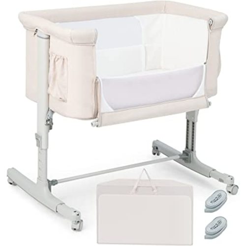 HONEY JOY Baby Bassinet Bedside Sleeper, 3-in-1 Easy Folding Portable Crib for Baby with Wheels, 5 Adjustable Heights, Easy to Assemble Bed to Bed, Mattress & Carry Bag for Infant Newborn (Beige)