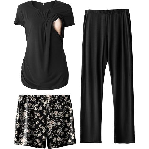 SUNNYBUY Womens Maternity Nursing Pajamas Set, Short Sleeve Breastfeeding Shirts，Pregnancy Shorts & Pants 3 Piece Nursing PJS