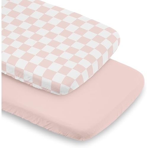 Sweet Jojo Designs 2-Piece Baby Bassinet Sheets Set (Pink Gingham Checkered Plaid) for Girls, Infant Newborn Nursery, Oval, Rectangle & Hourglass Mattress (Solid Blush & Vintage, Classic Checkerboard)