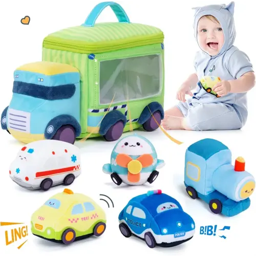 OUOZZZ Baby Boy Toys - Soft Cars for Toddlers 1-3 - Little Blue Truck Plush Toys for Babies- First Birthday Gifts for Infant - Stuffed Car with Squeaker, Bell Ringing Sensory Toys Portable Playset