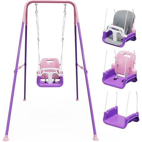 Toddler Swing with Soft Cushion, Foldable Indoor & Outdoor Baby Swing, Easy to Install & Store for Backyard Play (Pink)