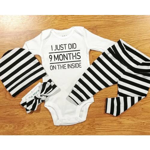 I Just Did 9 Months on the Inside, Baby Going Home Outfit boy girl unisex gender neutral pants hat topknot black white stripe monochrome