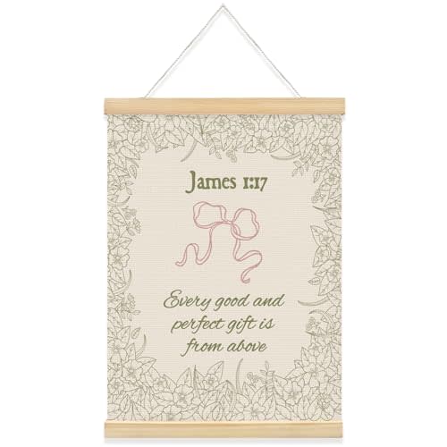 QROZIAR Vintage Coquette Pink Bow Christian Wall Decor, Sage Green Bible Verse Wall Art with Wooden Poster Hanger, Every Good and Perfect Comes from Above, Christian Gifts for Women Girls 12x16 Inch