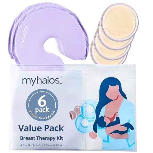 MyHalos® Breast Therapy Pack - 2 Hot Cold Breast Therapy Packs & 4 Hydrogel Nipple Pads for Breastfeeding - Breast Heating Pad Relief - Breast Ice Packs for Engorgement & Nipple Gel Soothing Pads
