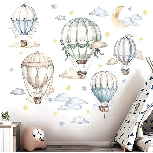 Baby Balloon Wall Stickers for Nursery: Kids Boys Girls Bedroom Wall Decals - Hot Air Balloon Stars Cloud