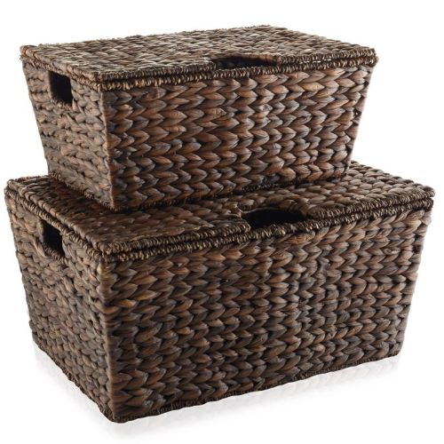 Casafield Set Of 2 Water Hyacinth Lidded Storage Baskets (medium/large), Multipurpose Organizer Totes With Tapered Bottoms