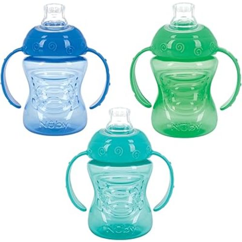 Nuby 3 Pack Two Handle No Spill Toddler Sippy Cups - Toddler Cups Spill Proof with Easy and Firm Grip - Toddlers Cups - Aqua, Blue, Green