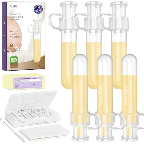 Nuliie Colostrum Collector Kit 7ml/6pcs, Leakproof, Reusable Breast Milk Collector, Heat & Freezer Resistant, BPA-Free, With Cotton Cloth Wipe, Storage Case, Cleaning Brush - Ready-to-Use for Newborns