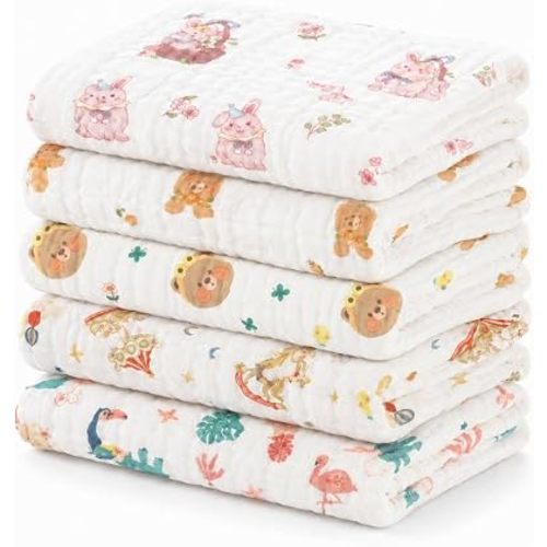 Baby Burp Cloths 5 Pack, 100% Cotton Muslin Burp Cloths, Baby Essentials, 6 Layer Gauze Burp Rags, Soft Absorbent Breathable Newborn Burping Cloths, Multi-Use for Spit Up, Drool & Feeding, 10" x 20"