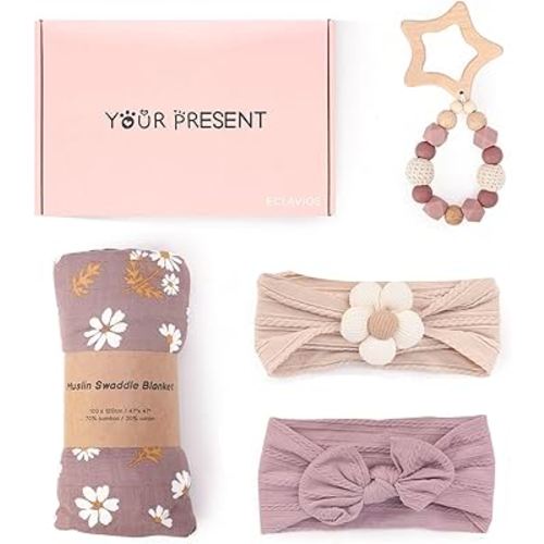 Baby Girl Gifts, Baby Shower Gifts for Girls, Daisy Baby Girl Muslin Swaddle Blanket Set, Baby Headbands, Baby Teether, New Born Baby Girl Gift Basket with Essential Baby Items