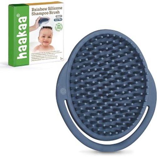 Haakaa Silicone Shampoo Brush, Baby Hair Scrubber, Bath Brush, Steel Blue