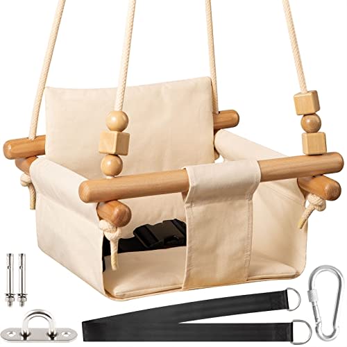 Yangbaga Baby Canvas Swing Seat with Belt, Wooden Hanging Chair Swing Seat Indoor and Outdoor for Toddler Boys Girls Tree and Backyard White