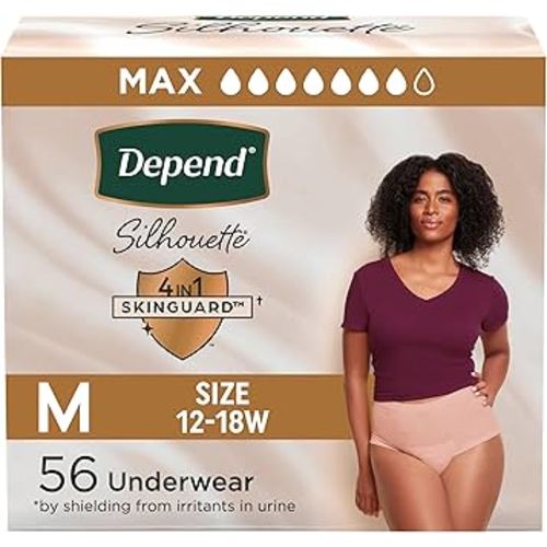 Depend Silhouette Adult Diapers, Incontinence & Postpartum Bladder Leak Underwear for Women, Maximum Absorbency, Medium, Pink, 56 Count (2 Packs of 28), Packaging May Vary