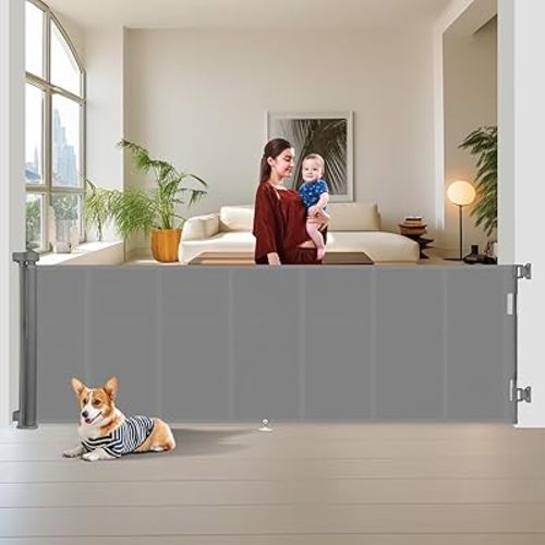 150 inch Retractable Baby Gates 42 inch Tall, Retractable Gate with Reinforced Strip Design to Prevent Crawling Through, 12 FT Extra Wide Retractable Dog Gate for Indoor/Outdoor