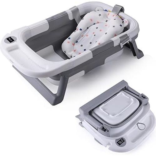Foldable Baby Bath Tub,Newborn Baby Bath Tub with Soft Bath Mat and Real Time Water Temperature Display,Portable Travel Bathtub with Drain Hole toToddler 0-36 Months (Grey2)