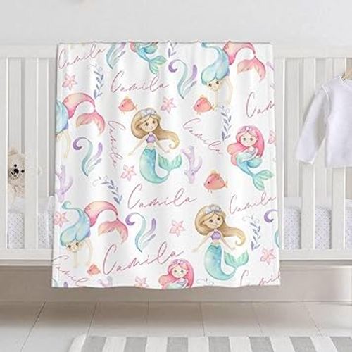 Personalized Baby Blanket for Girls Boys Mermaid Tail Custom Baby Blanket with Name Swaddle Blanket for Toddlers Infants Kids Shower Newborns Nursery Stroller Crib Decor Throw Birthday Gift