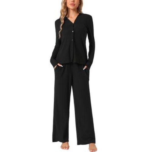 cheibear Women's Long Sleeve Button Down Tops with Pants Sleepwear Pajamas Sets Black X-Large