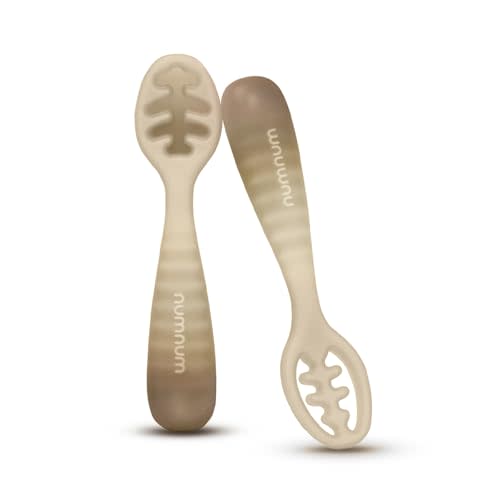 NumNum Baby Spoons Set, Baby Essentials Pre-Spoon GOOtensils for 12+ Months, First Stage Self-Feeding Spoons for Baby Led Weaning (BLW), Silicone Toddler Utensils, BPA-Free, 2 Pack Beige