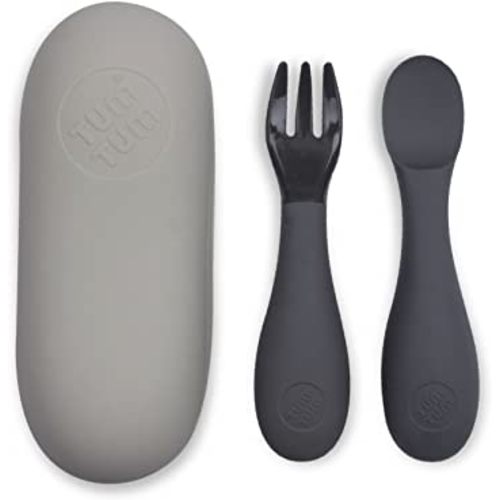 Baby Cutlery with Case, Baby Spoon & Fork Set, Baby Cutlery for Babies, First self Feeding Cutlery, Silicone Baby Spoon & Fork, 6 Months Plus, (Grey)