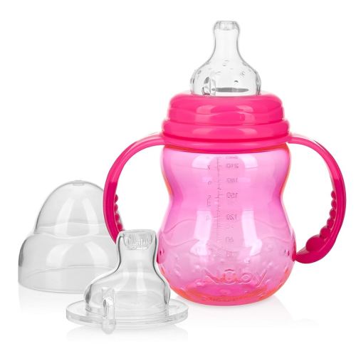 Nuby 3 in 1 Baby Bottle to Training Sippy Cup - 8 Oz Toddler Cups Spill Proof with Soft Spout, Nipple & Removable Grip Handles - Dishwasher Safe (Pink)