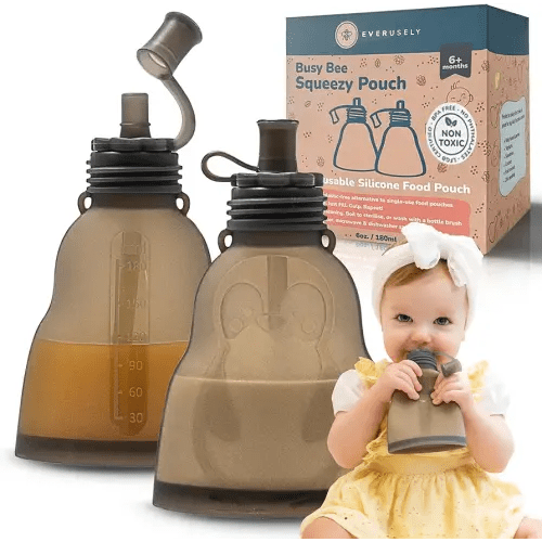 Everusely Leakproof Silicone Reusable Baby Food Pouches, BPA-Free, Dishwasher Safe, Spill-Proof Baby Food Pouches Refillable, Reusable Pouches for Toddlers, Reusable Applesauce Pouches