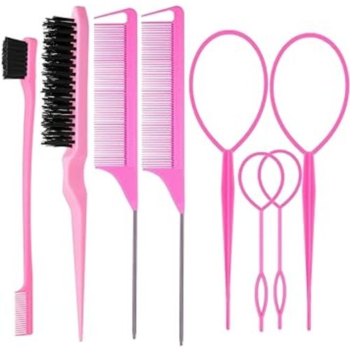 8Pcs Hair Brushes Set with 4Pcs Topsy Hair Tail Tools 1Pcs Bristle Teasing Hair Brush 1Pcs Edge Control Brush 2Pcs Metal Pin Rat Tail Combs for Woman Girl hair Styling,Edge&Back Brushing,Pink