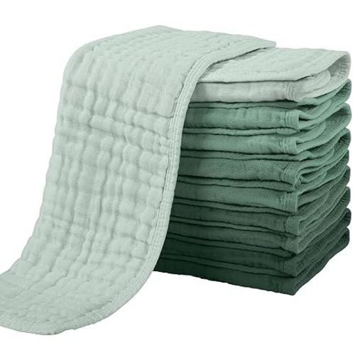 Yoofoss Muslin Burp Cloths for Baby 10 Pack 100% Organic Cotton Baby Washcloths for Boys Girls Large 20''X10'' Super Soft and Absorbent Gradient Green