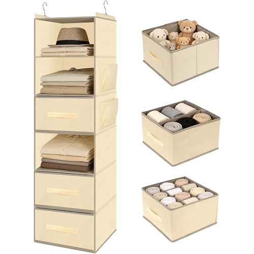 Hanging Closet Organizer 6-Shelf with 3 Drawers & Side Pockets, Closet Organizers and Storage for Dorm, Nursery & Wardrobe Organization, Hanging Shelf Clothes Organizer for Sweaters, Shoes, Beige