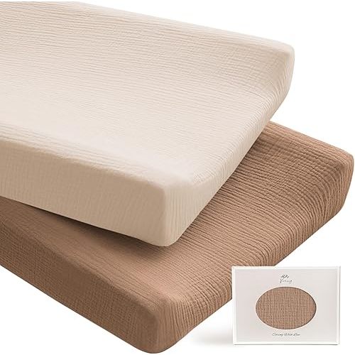 Konssy 2 Pack Muslin Changing Pad Covers for Boys, Ultra Soft & Breathable Cotton Baby Diaper Changing Table Covers, Neutral Nursery Diaper Changing Pad Sheets (Brown,Cream)