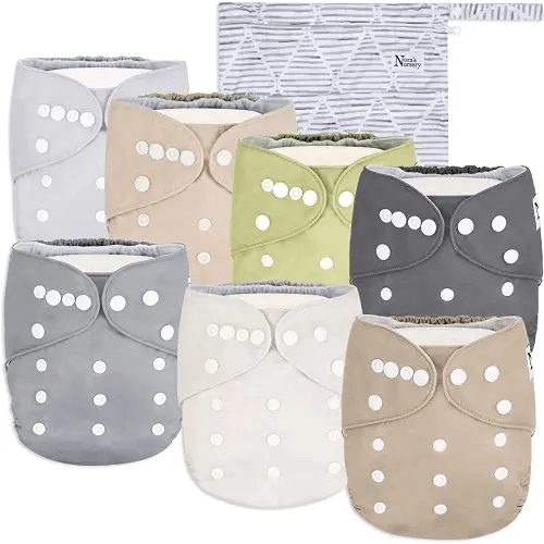 Nora's Nursery Cloth Diapers 7 Pack with 7 Bamboo Inserts & 1 Wet Bag - Waterproof Cover, Washable, Reusable & One Size Adjustable Pocket Diapers for Newborns and Toddlers - Sand and Stone