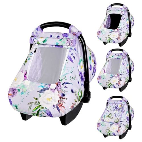 Car Seat Cover Baby Girl, Warm Winter Carseat Cover for Baby, Purple Floral Infant Car Seat Canopy with Peep Window, for Protecting Baby from Wind & Sun, Kick-Proof & Windproof
