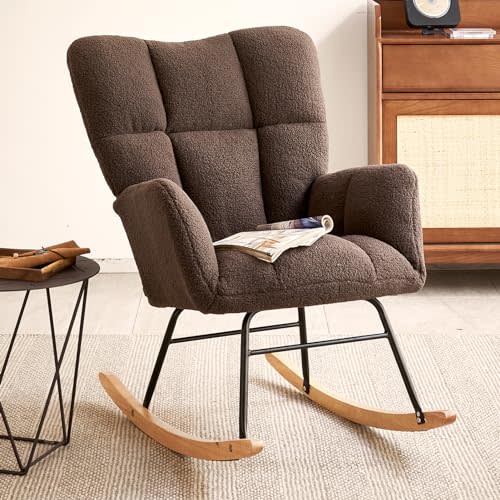 Virabit Rocking Chair Nursery,High Backrest Teddy Nursery Rocker, Modern Accent Recliner for Living Room, Bedroom, Cozy Reading,Dark Brown
