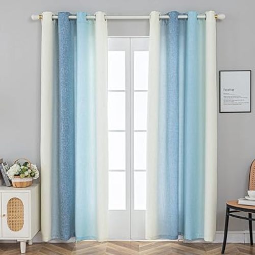 PLEASANT BOULEVARD Faux Linen Curtains [2 Panels] Gradient Color Window Drapes with Grommet, Thermal Insulated Darkening Curtain for Living Room, Bedroom, & Home Decor (52" W x 95" L, Cream & Blue)