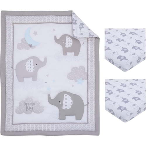 Little Love by NoJo Dream Big 3pc Mini Crib Set, Comforter, Two Fitted Sheets, Elephant design, Gray and White
