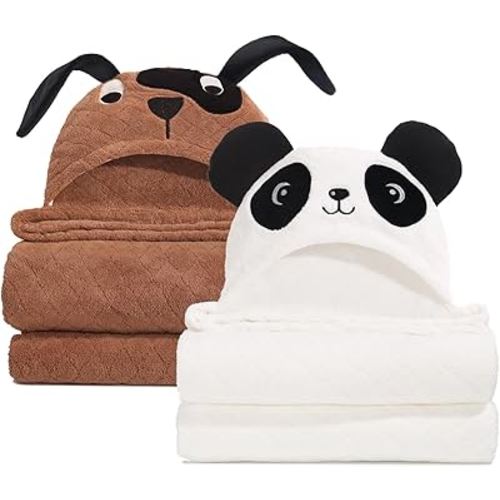 Toddler Hooded Bath Towel, 50 x 32 Inches Large Toddler Bath Towel with Hood, 2 Pack Soft Absorbent Hooded Towels for Toddlers, Thick Hooded Towel for Baby 0-5 Years,White Panda Brown Puppy