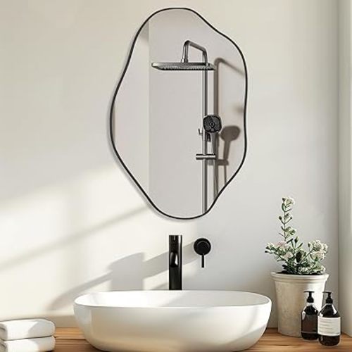 36"x 24" Irregular Wall Mirror Cloud Asymmetrical Shaped Aluminum Alloy Black Framed Mirror for Living Room Bathroom Bedroom Entryway Fireplace