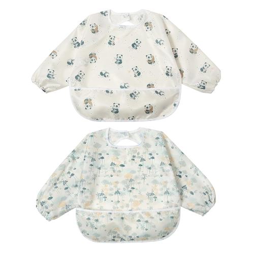 Little Dimsum Mess-Proof Baby Bibs|Infant Toddler Long Sleeve Waterproof Feeding Art Smock|Catching Food & Wipe Clean| Pack of 2 Colors